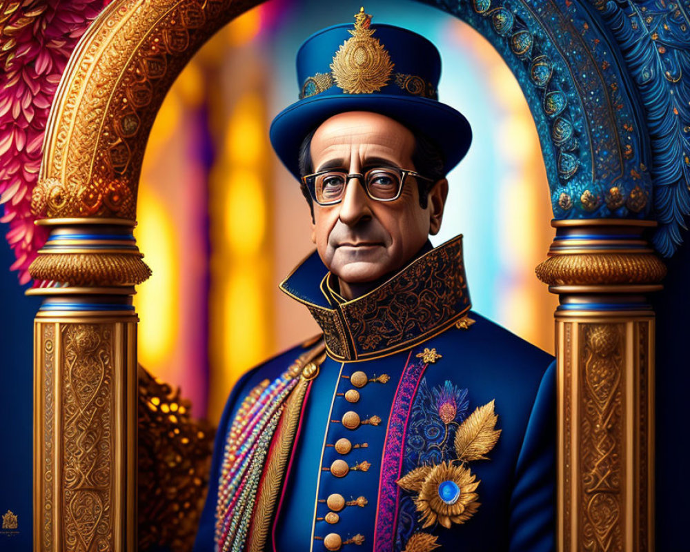 Detailed digital illustration of a man in ornate blue uniform against colorful, arch-filled background