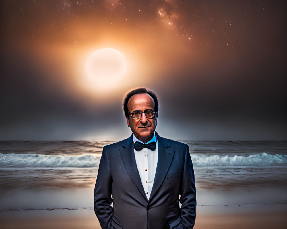 Man in glasses on beach at twilight with sun and stars.