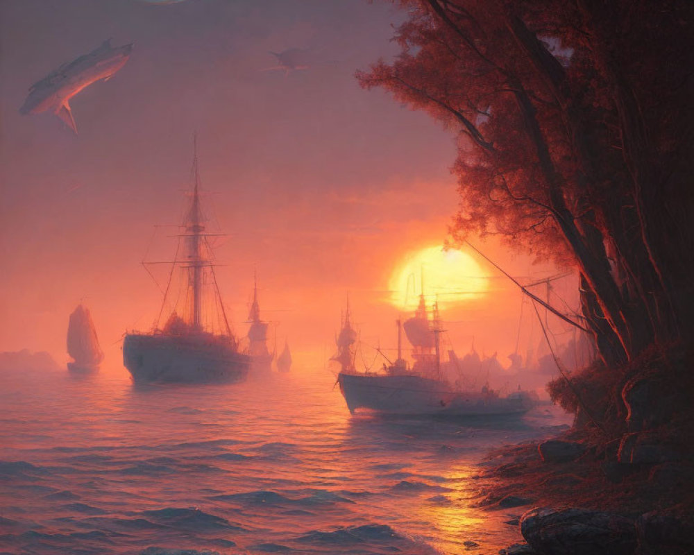 Fantasy seascape: sunset, sailing ships, misty islands, flying whales, large planet