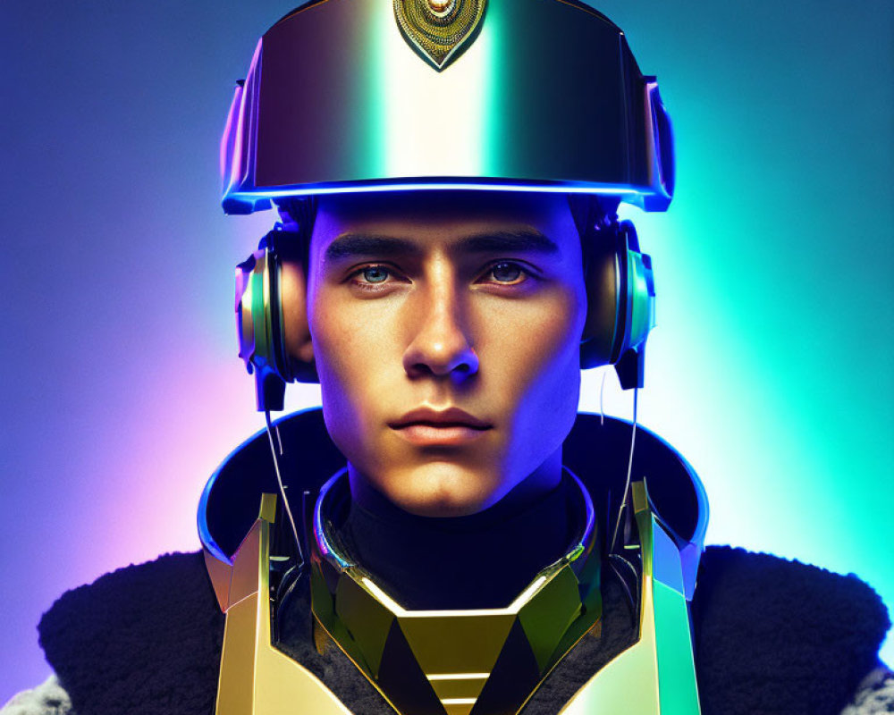 Futuristic golden helmet and armor on person against gradient background