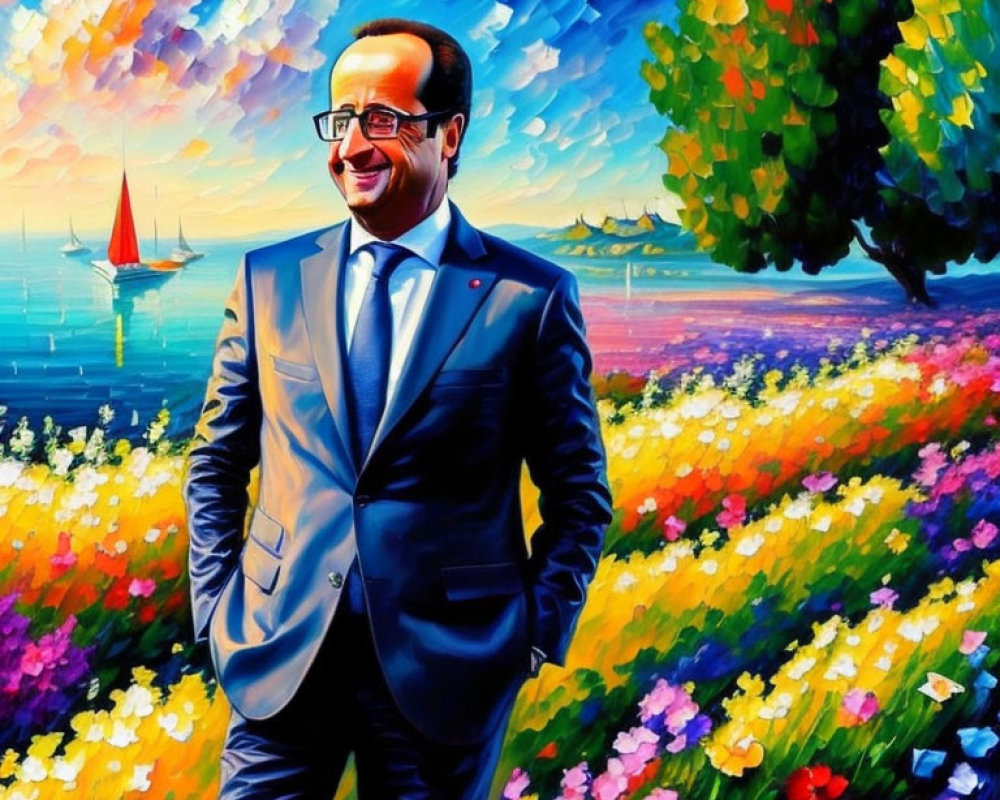 Colorful painting: Smiling man in suit by the sea