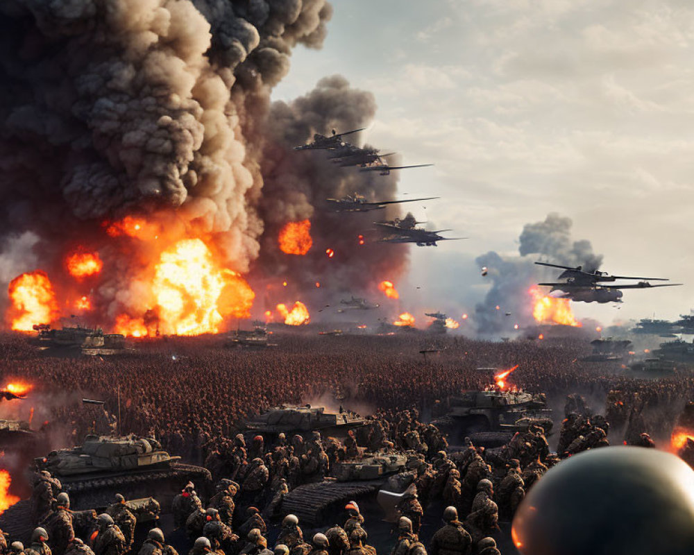 Military battle scene with soldiers, tanks, helicopters, and explosions