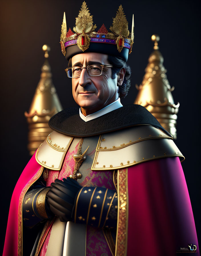 Regal Figure in Ornate Robes and Crown Rendered in 3D