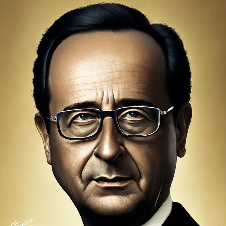 Man in Glasses Caricature: Dark Suit, Tie, Yellow Background