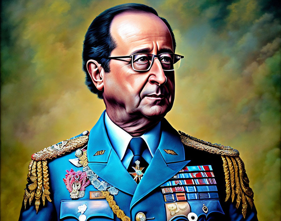 Vivid caricature of a man in military uniform with medals and glasses