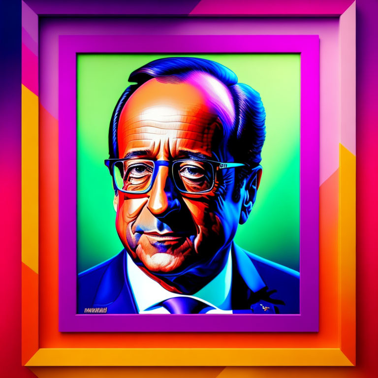 Vibrant portrait of a man in glasses with tie on colorful geometric backdrop in pink frame