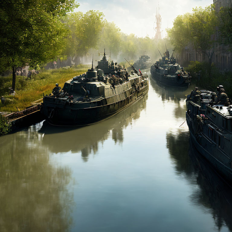 Military boats on calm river with trees and city architecture in background