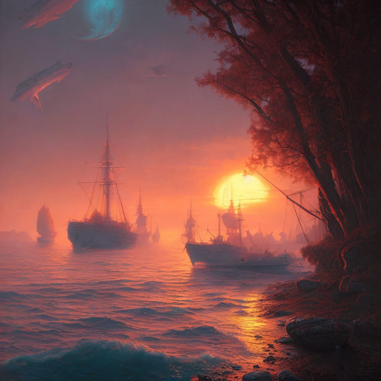 Fantasy seascape: sunset, sailing ships, misty islands, flying whales, large planet