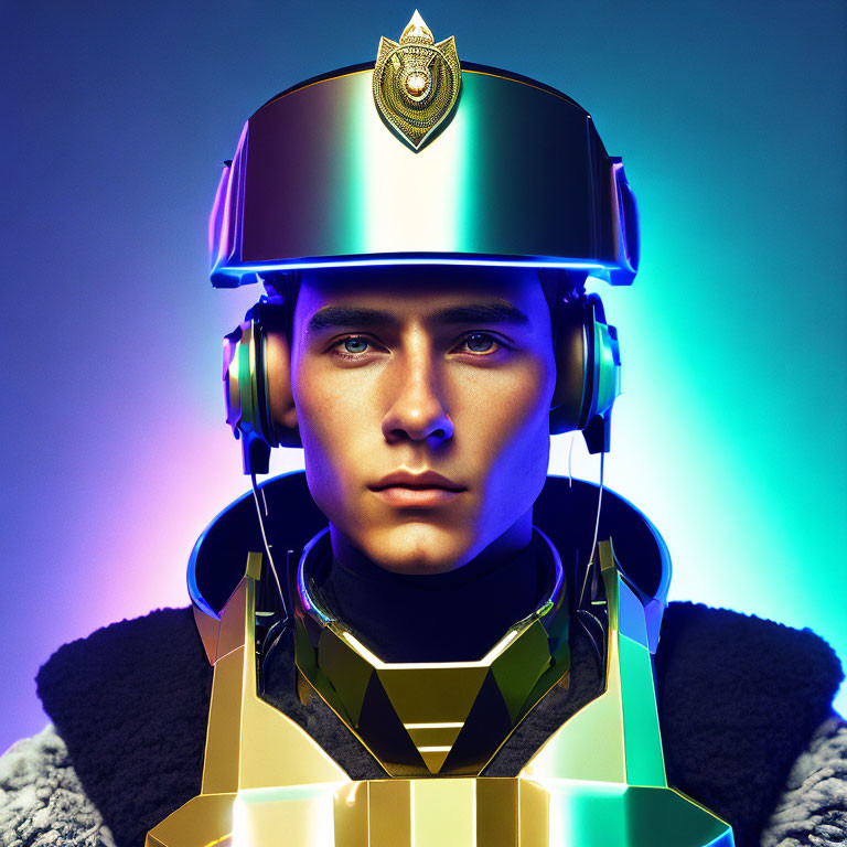 Futuristic golden helmet and armor on person against gradient background