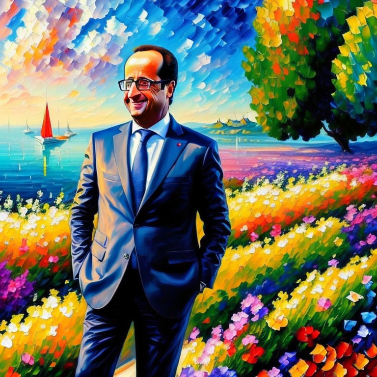 Colorful painting: Smiling man in suit by the sea