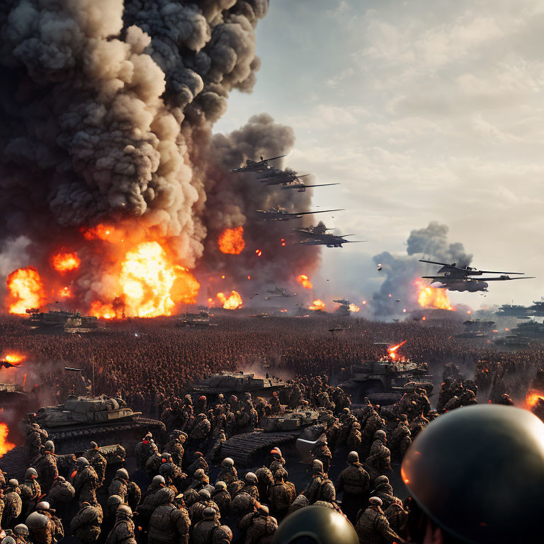 Military battle scene with soldiers, tanks, helicopters, and explosions