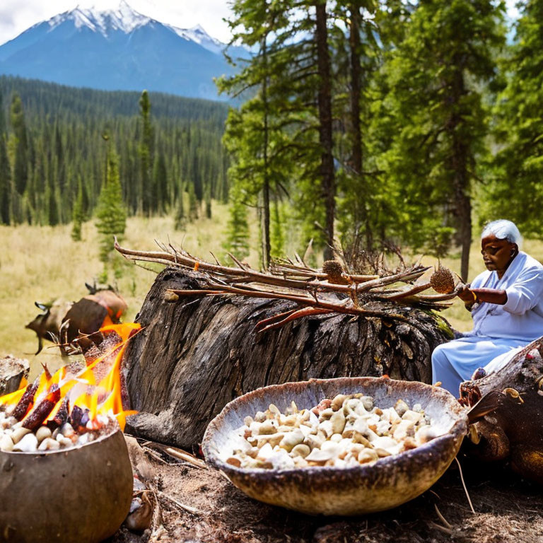 Person in White Outfit Cooking Over Open Fire in Forest with Mountains