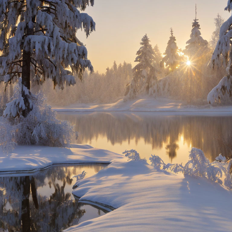 Tranquil snowy landscape at sunrise with frost-covered trees and icy river