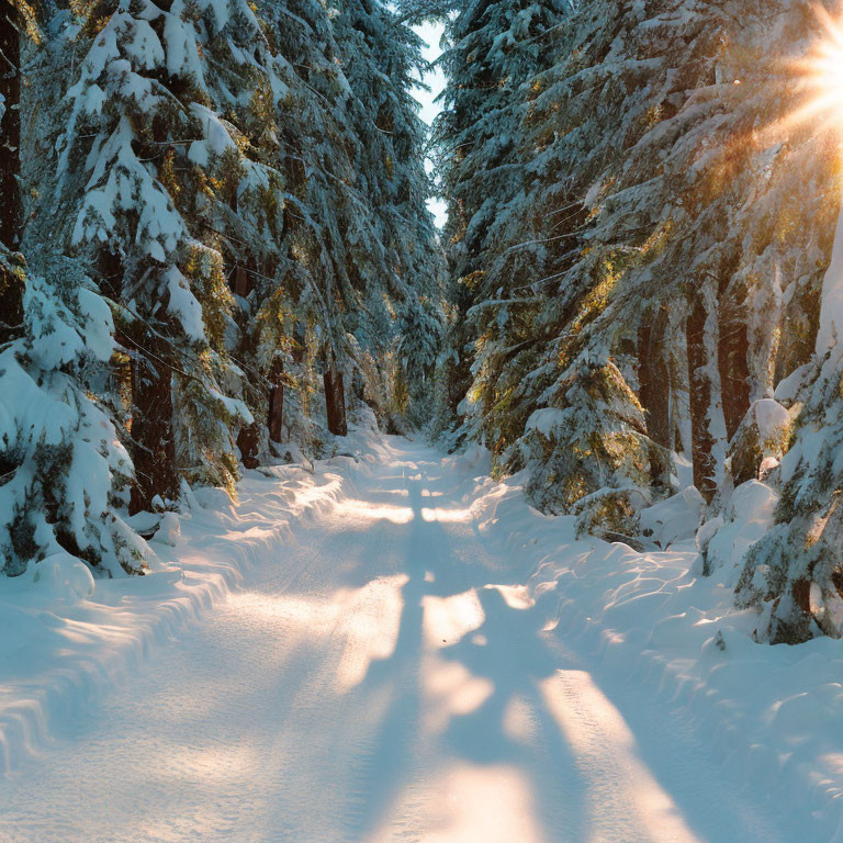 Snowy Path Through Dense Coniferous Forest with Sunlight and Shadows