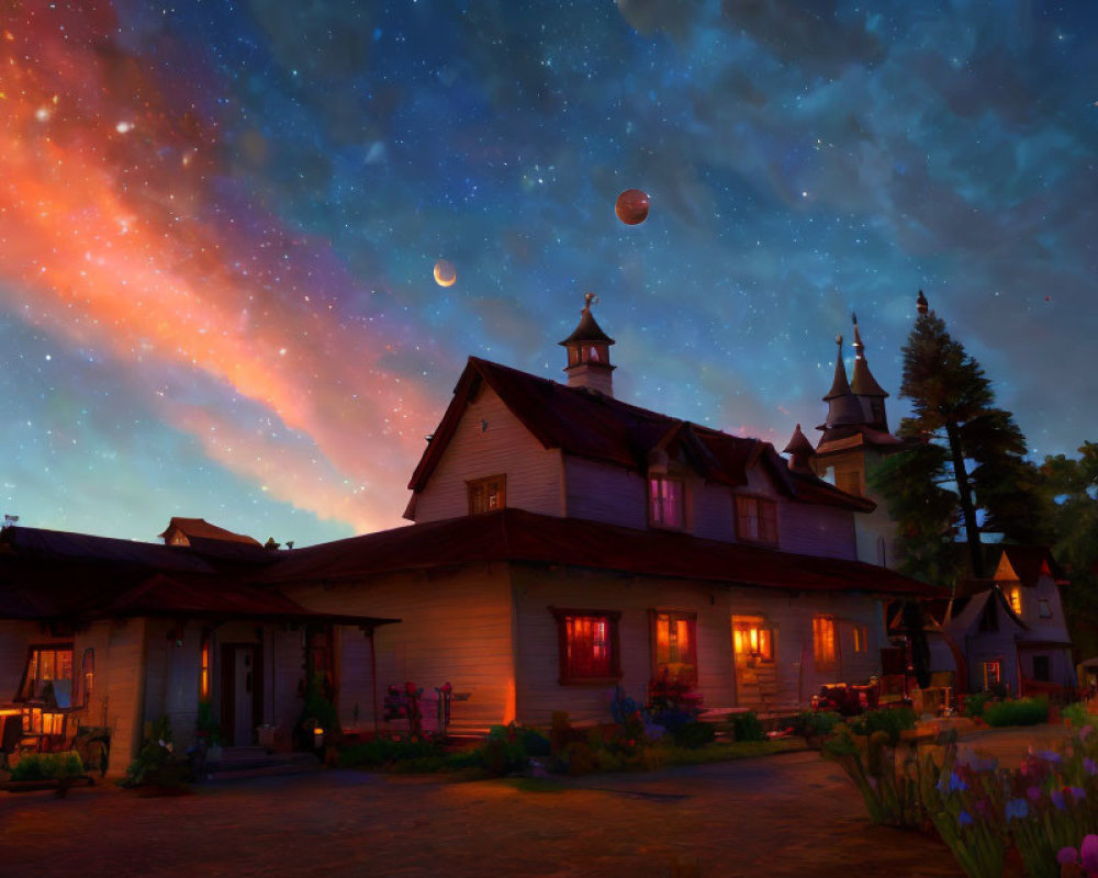 Cozy wooden house under starry night sky with crescent moon and vibrant nebula colors