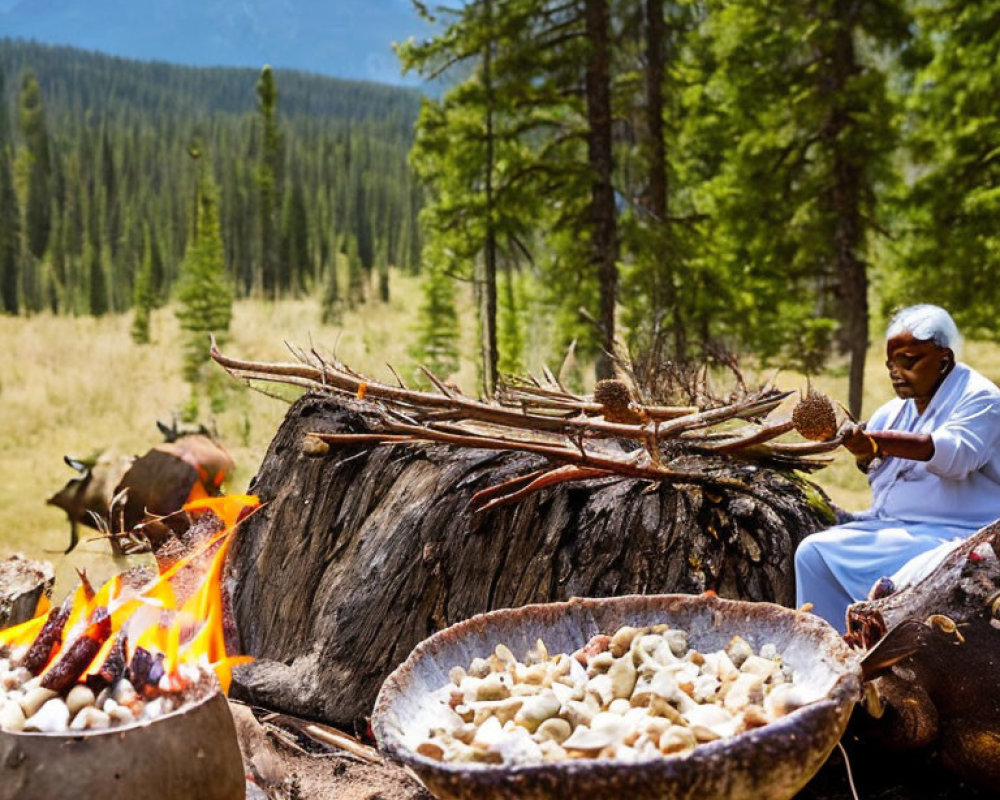 Person in White Outfit Cooking Over Open Fire in Forest with Mountains