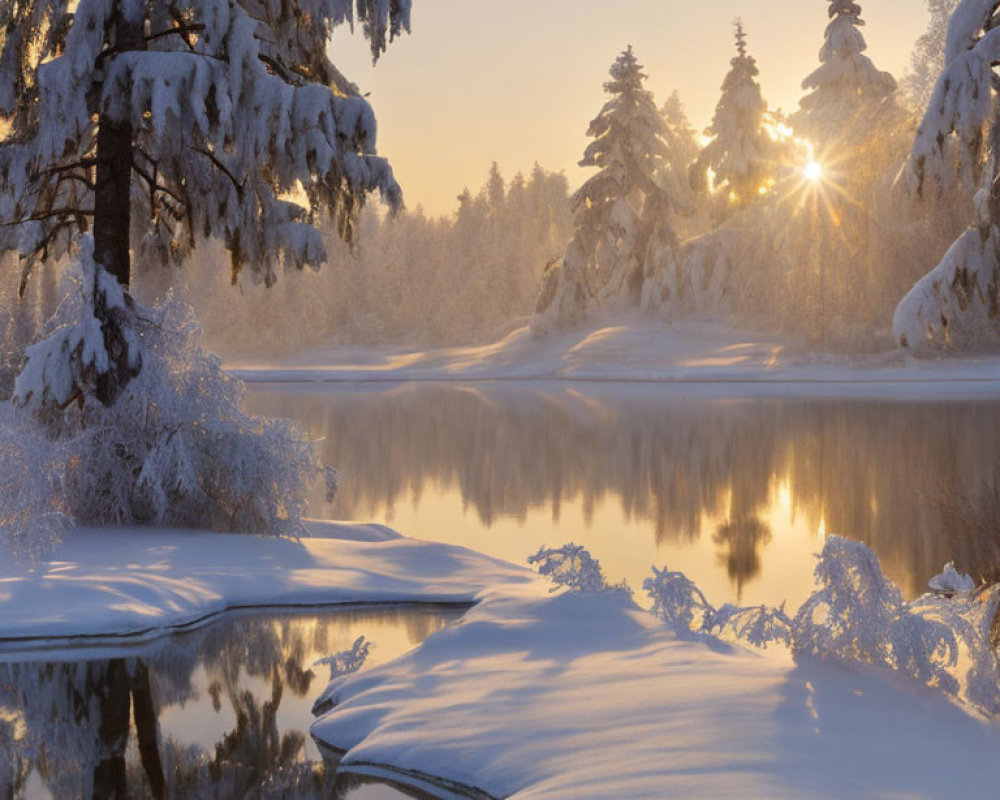 Tranquil snowy landscape at sunrise with frost-covered trees and icy river