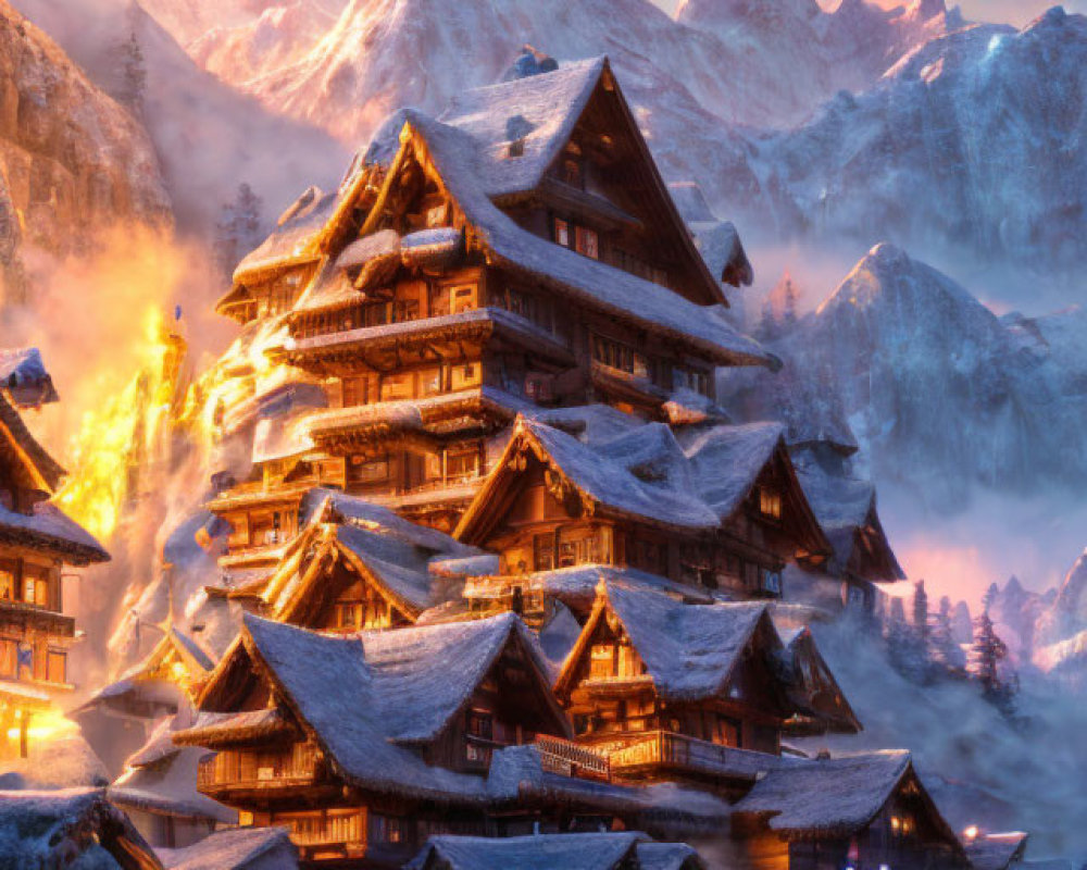 Wooden structure with illuminated windows in snowy mountains at sunset