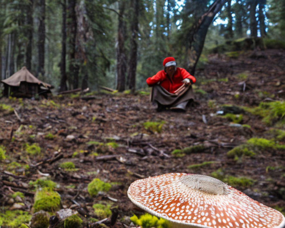 Vivid red-capped mushroom in focus with forest backdrop and person in red jacket.