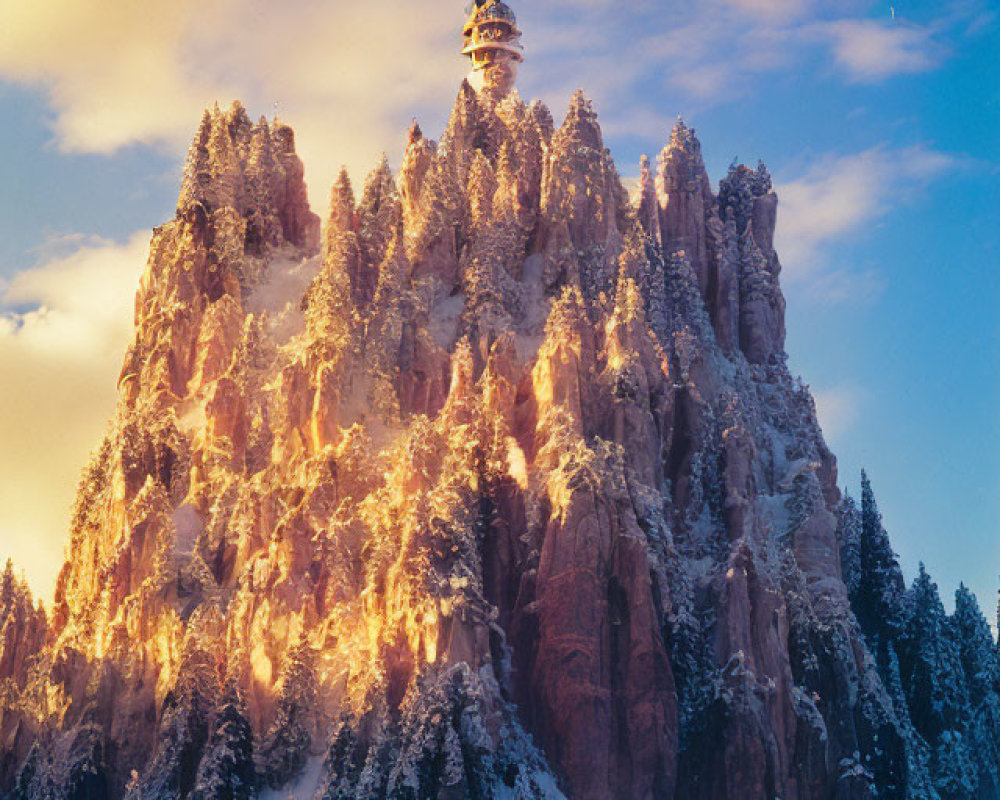 Snowy Mountain Peak at Sunrise with Tower and Snow-Laden Trees