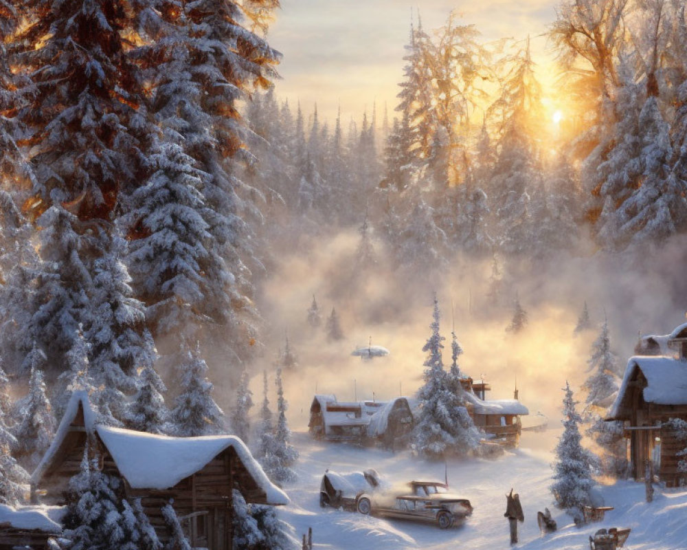 Snowy village sunrise with frosty trees, person walking dogs, rustic cabins, vintage car.