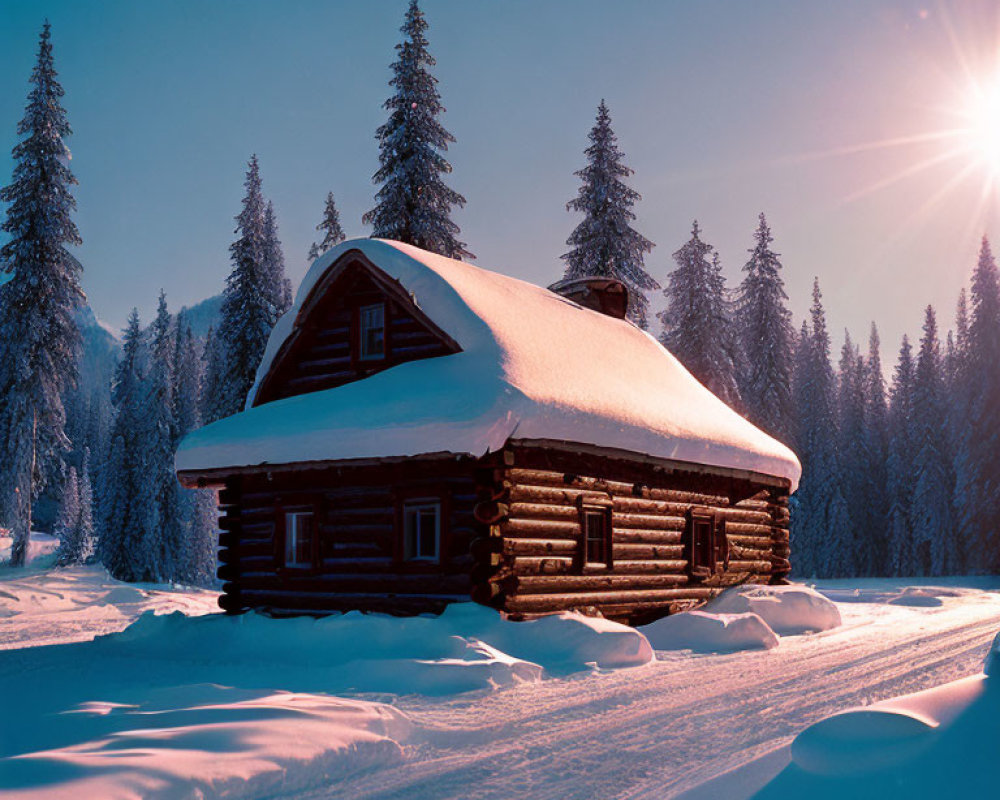 Winter Landscape: Snow-Covered Log Cabin, Pine Trees, Bright Sun