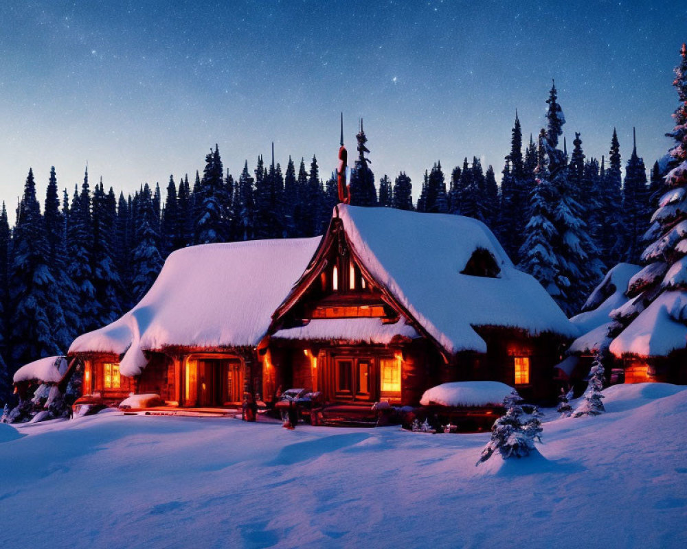 Snow-covered cabin surrounded by pine trees under starry sky