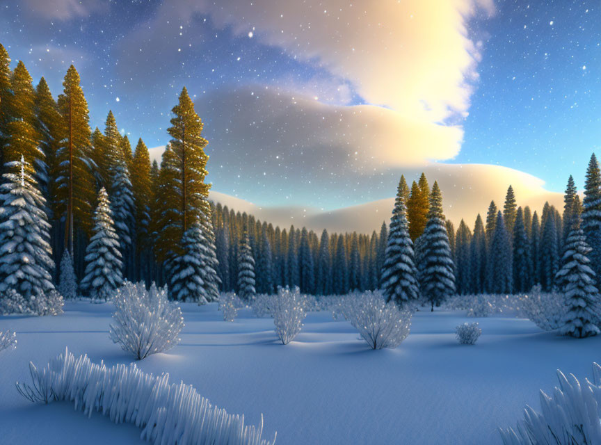 Snow-covered trees in serene winter landscape at dusk