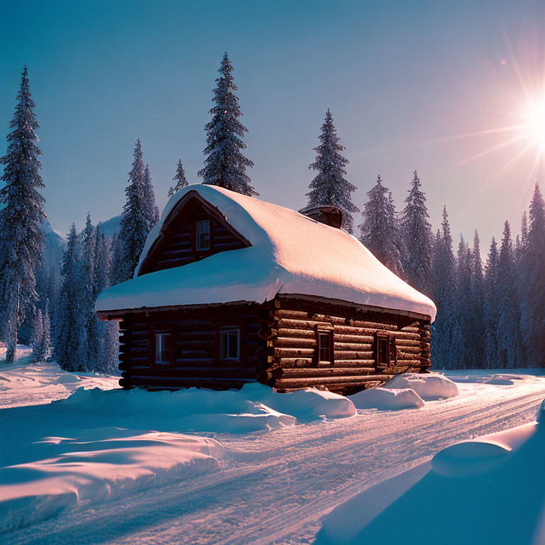 Winter Landscape: Snow-Covered Log Cabin, Pine Trees, Bright Sun