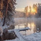 Tranquil snowy landscape at sunrise with frost-covered trees and icy river