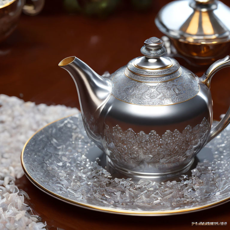 Silver Teapot with Intricate Designs on Matching Saucer with Crystal Beads on Wooden Surface