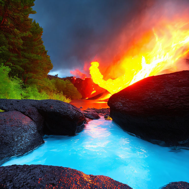 Volcanic eruption with fiery lava flow meets blue river