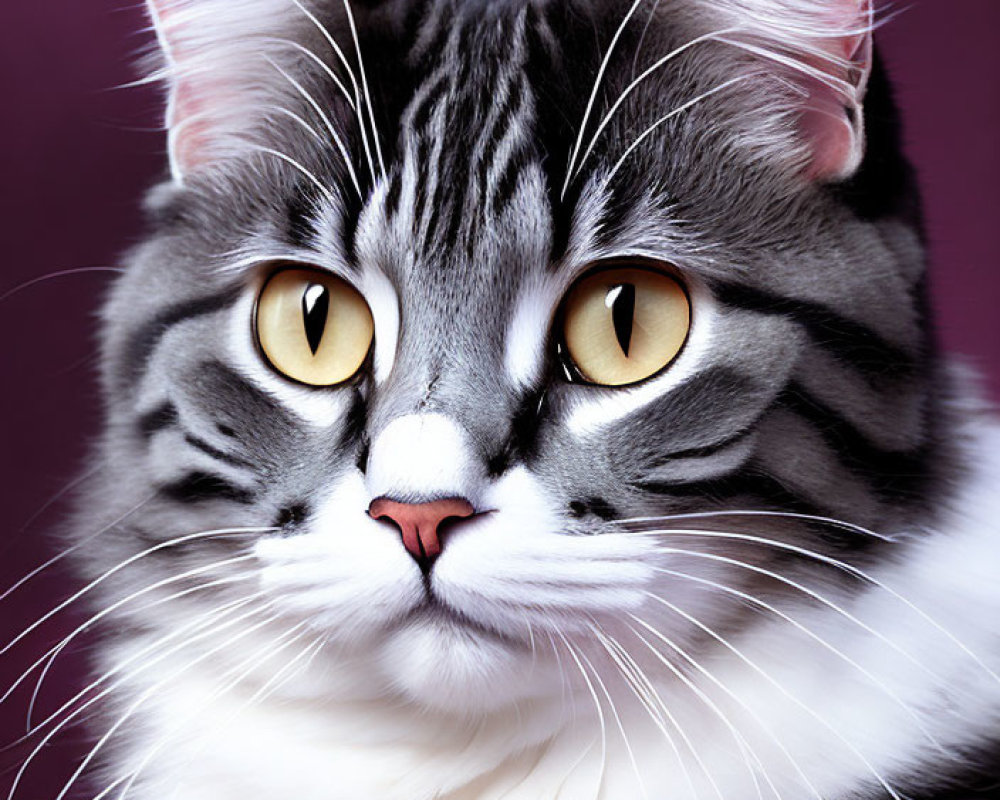 Black and White Striped Cat with Fluffy Fur and Amber Eyes on Purple Background