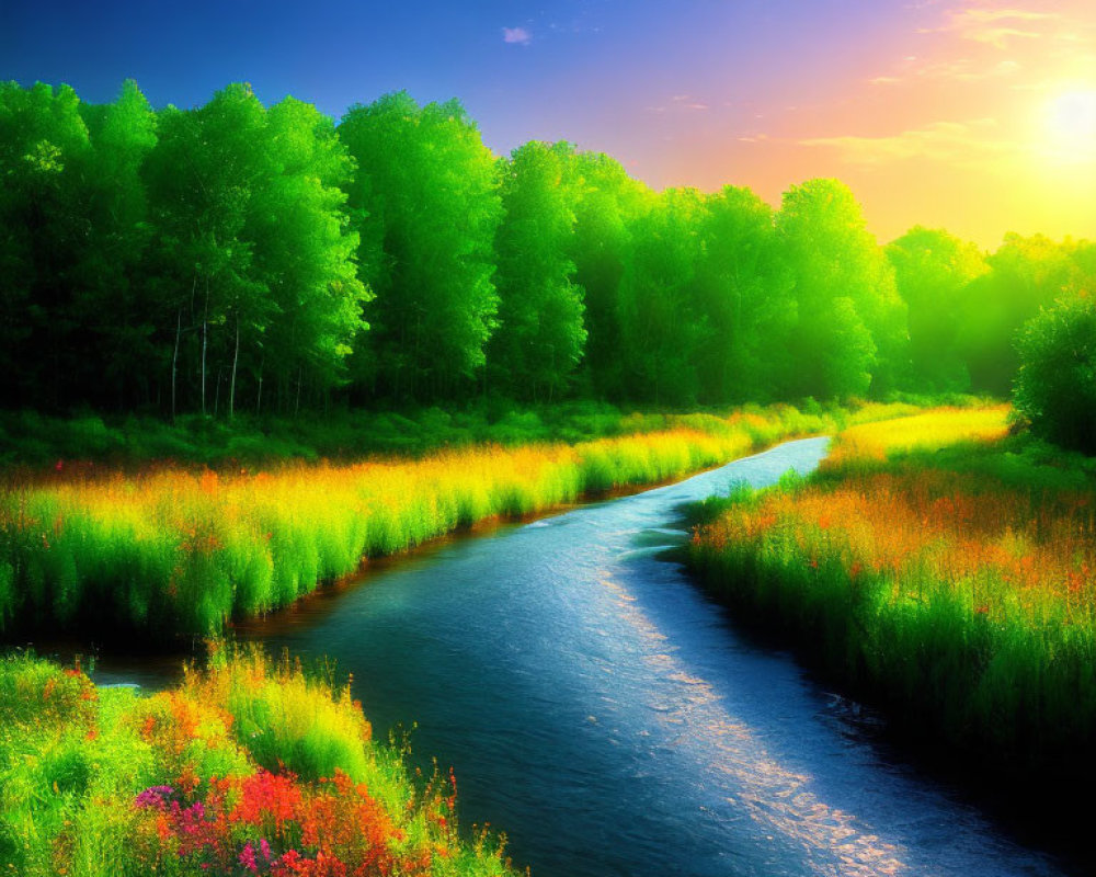 Scenic landscape with river, greenery, and wildflowers