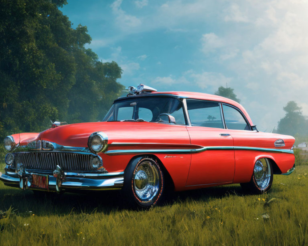 Vintage 1950s Red and White Car with Chrome Detailing in Foggy Field