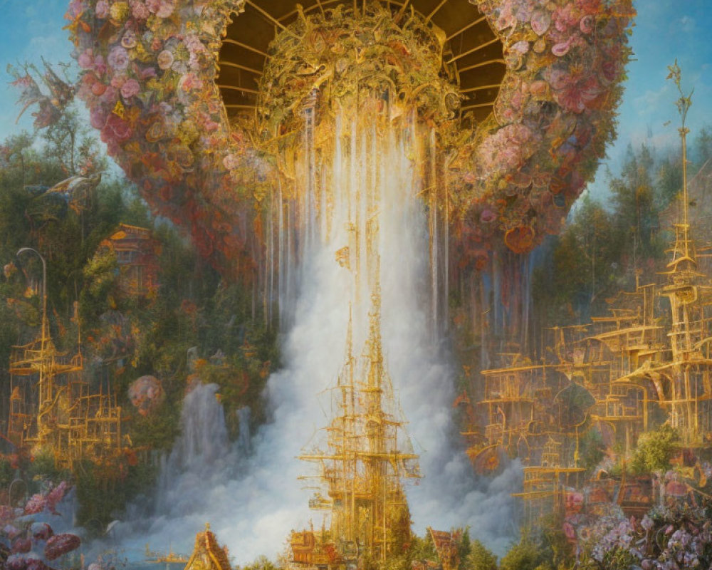 Opulent image of floral arch cascade in golden landscape