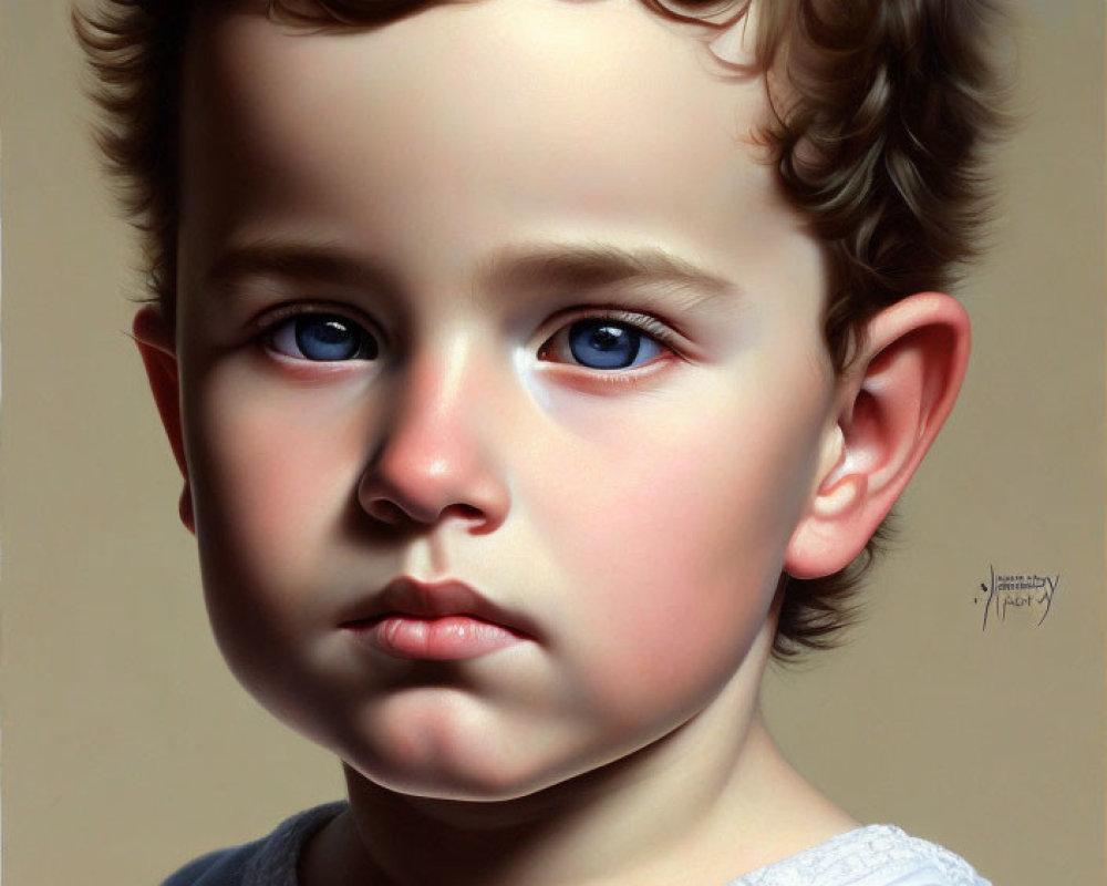 Hyperrealistic Portrait of Young Child with Curly Hair and Blue Eyes