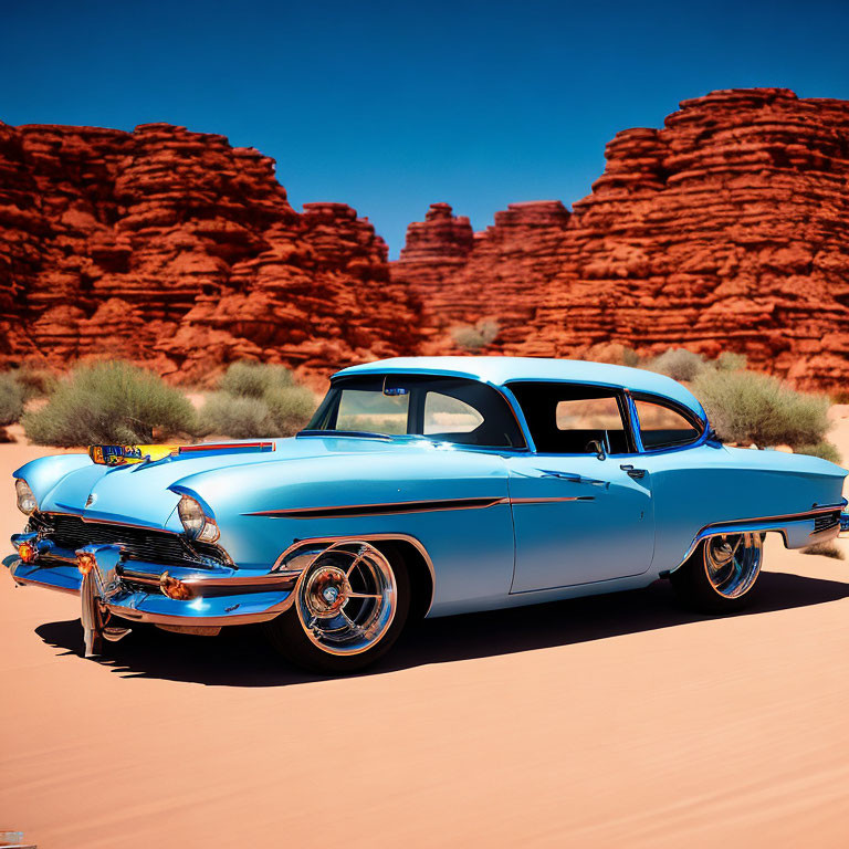 Vintage Blue and White Car in Desert Setting