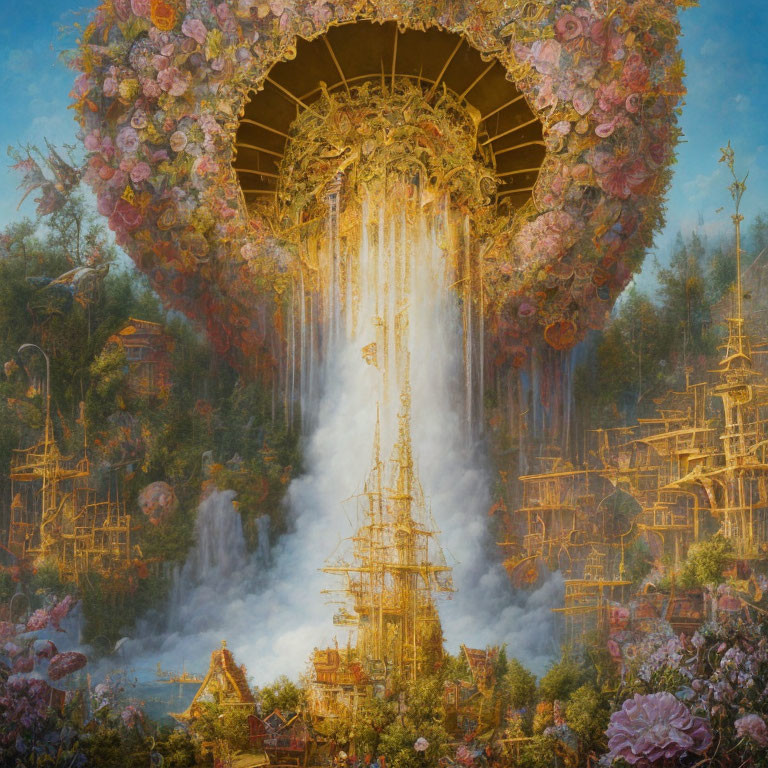 Opulent image of floral arch cascade in golden landscape