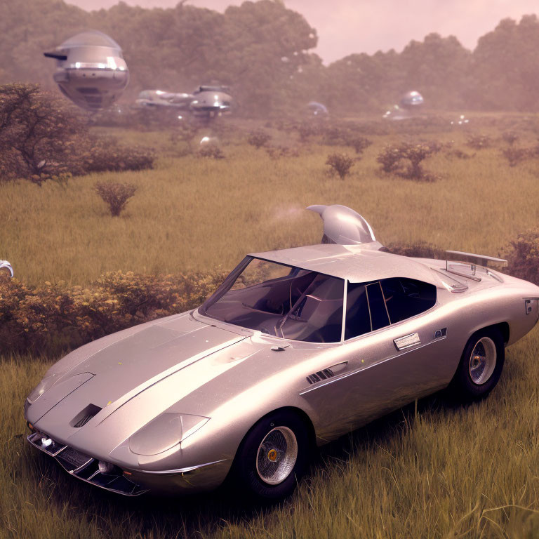 Vintage Silver Sports Car with Gull-Wing Doors in Field with Flying Saucers