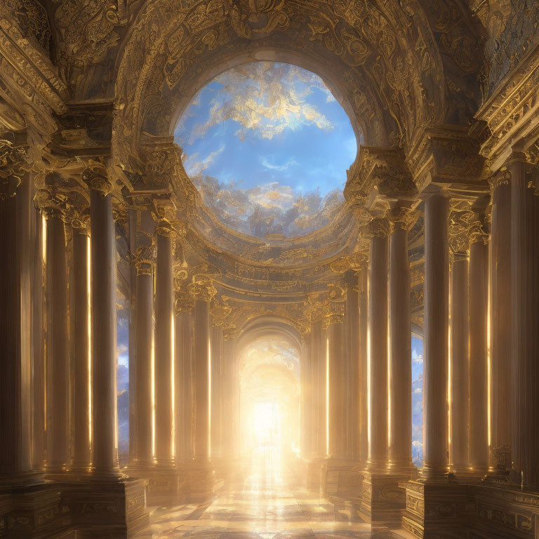 Luxurious hallway with golden columns and ceiling frescoes under warm sunlight