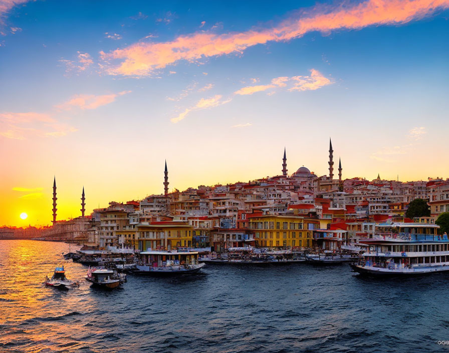 Scenic sunset view: river, boats, vibrant buildings, minarets in orange sky