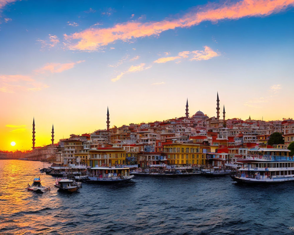 Scenic sunset view: river, boats, vibrant buildings, minarets in orange sky