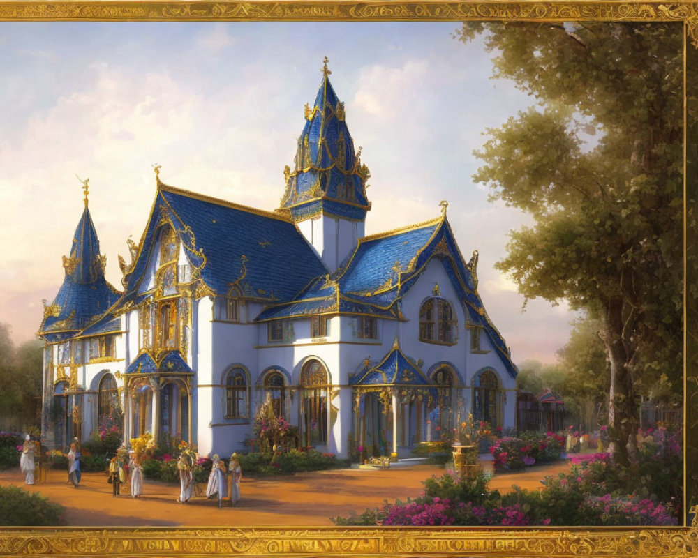 Detailed illustration of ornate cottage in lush gardens at sunset