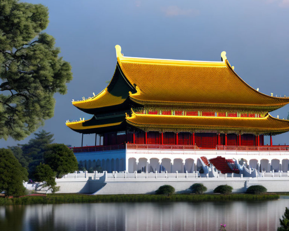 Traditional East Asian Palace with Golden Roofs by Tranquil Lake