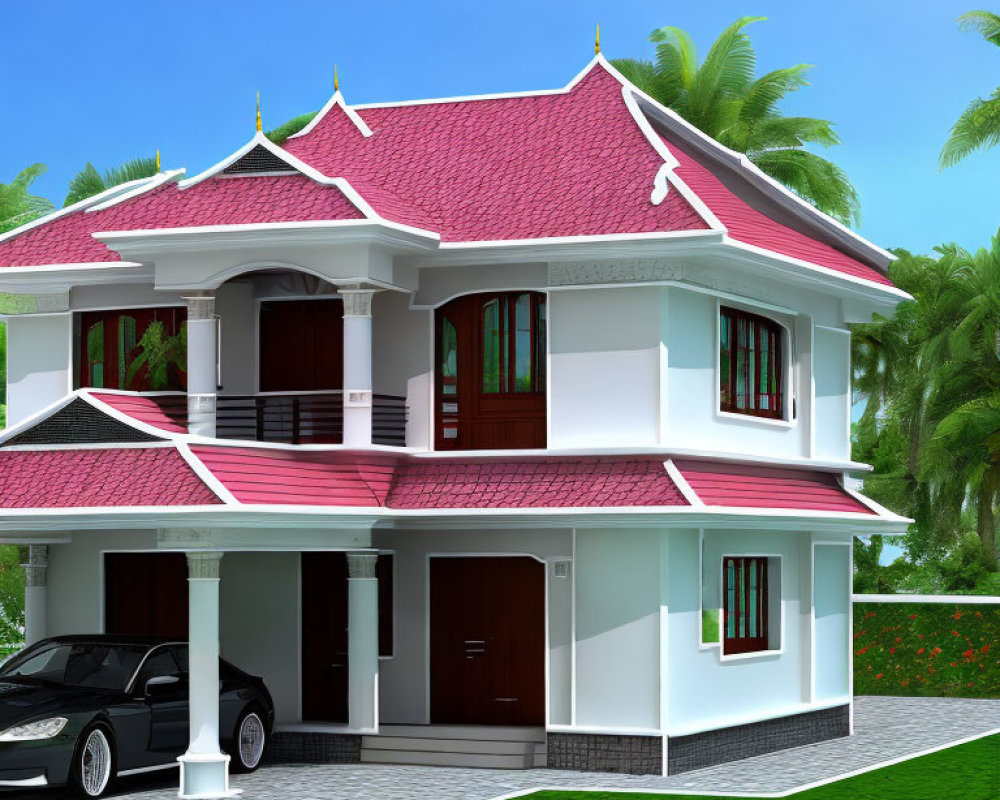 Two-story white house with red roof tiles, balconies, large windows, car parked under portico