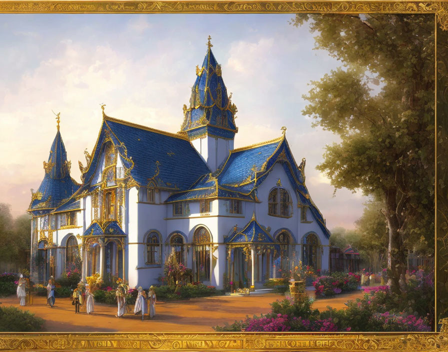 Detailed illustration of ornate cottage in lush gardens at sunset