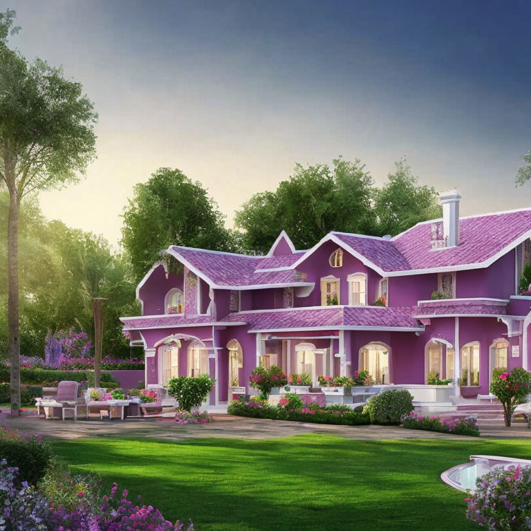 Two-story purple house with white trim in serene dusk setting