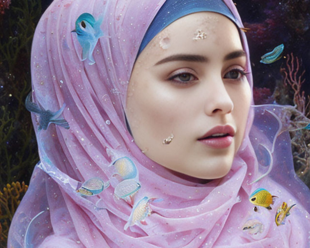 Woman in jeweled hijab with fish motifs in serene underwater scene