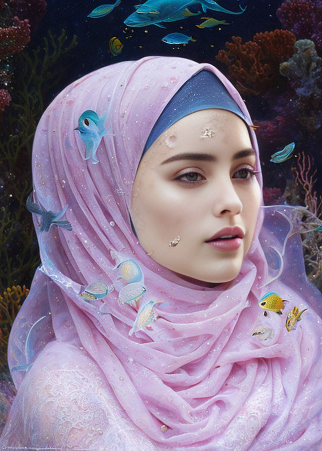 Woman in jeweled hijab with fish motifs in serene underwater scene